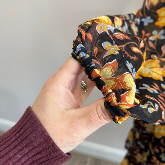 GAP Plus Floral Smocked Waist Long Sleeve Mini Dress Black Yellow Size 3X - Picture 6 of 10